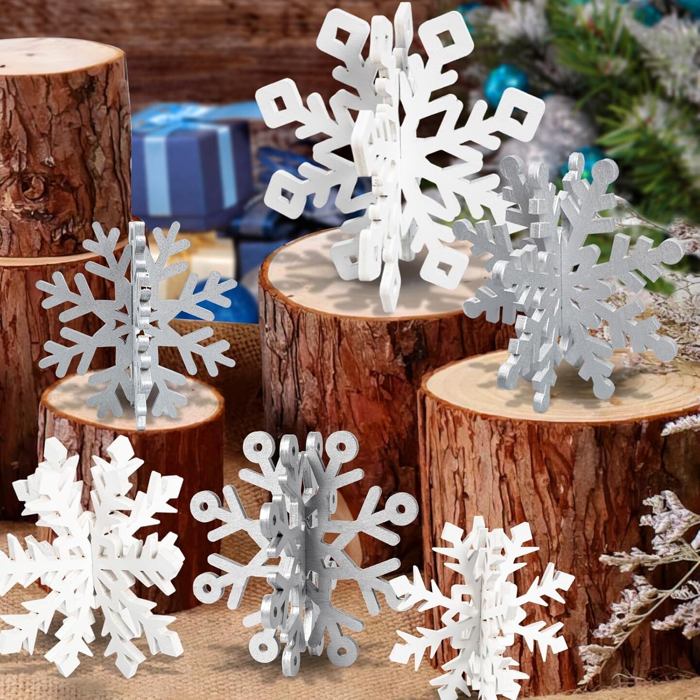 Winter Christmas Centerpiece Table Decorations - 12pcs Wooden Snowflakes Decor 3D Silver White Snowflake Tabletop Decor for Xmas Holiday Tiered Tray Winter Farmhouse Decor