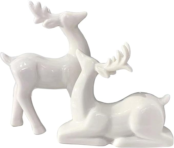 Pack 2 Mini Animal Reindeer Decor Deer Statues Sculpture Tabletop Ornaments for Cabinet Mantel Shelves Fireplace Home Décor Accents Collectible Figurines