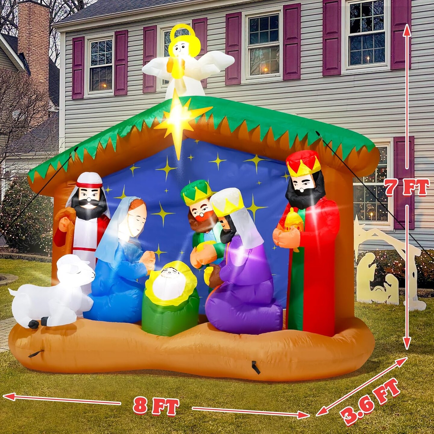 8FT Christmas Inflatables Nativity Scene, Blow Up Christmas Nativity Scene, LED Lighted The Birth of Jesus Scene Inflatables Decor, Christmas Outdoor Inflatable Decorations for Xmas Yard Lawn Patio