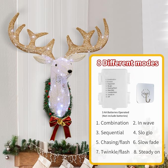 28 Inch Lighted Christmas Wall Decor Reindeer Head - Pre-Lit 3D Rudolph Hanging Wreath with Battery Operated LED Lights, 8 Lighting Modes for Indoor/Outdoor Festive Xmas Holiday Decoration