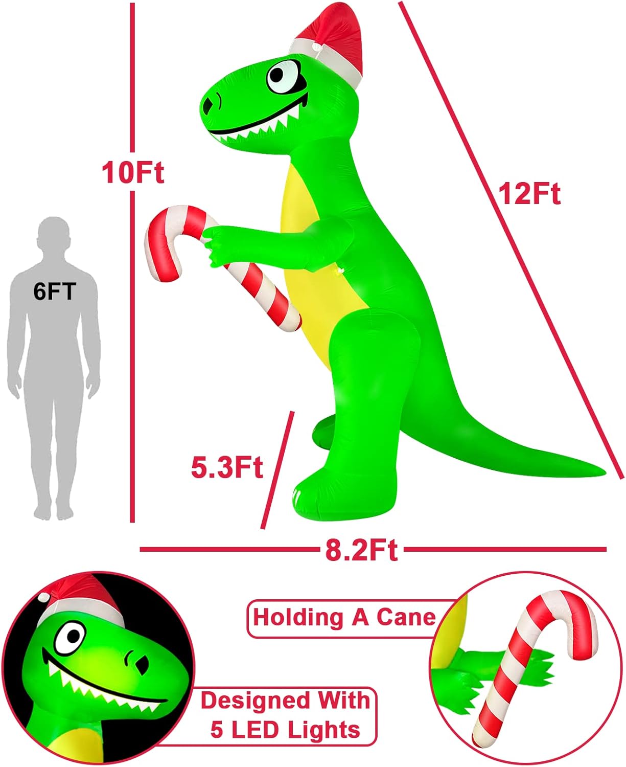 12 Feet Giant Christmas Inflatable Santa Dinosaur Decoration Outdoor Candy Cane Build-in LED Lights 8 Stakes 4 Tethers Blow up Yard Christmas Decoration Outside Home Party Lawn Garden Decor