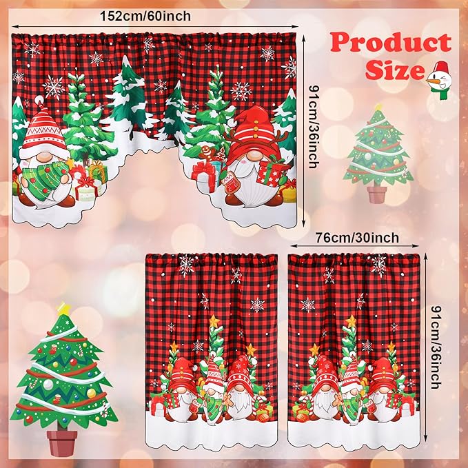 6 Pcs Christmas Kitchen Curtains Window Curtains and Valance Set Snowman Christmas Tree Gnome Buffalo Plaid Christmas Curtains Swag for Bedroom Living Room, 60 x 36 Valance, 36 x 30 Tier