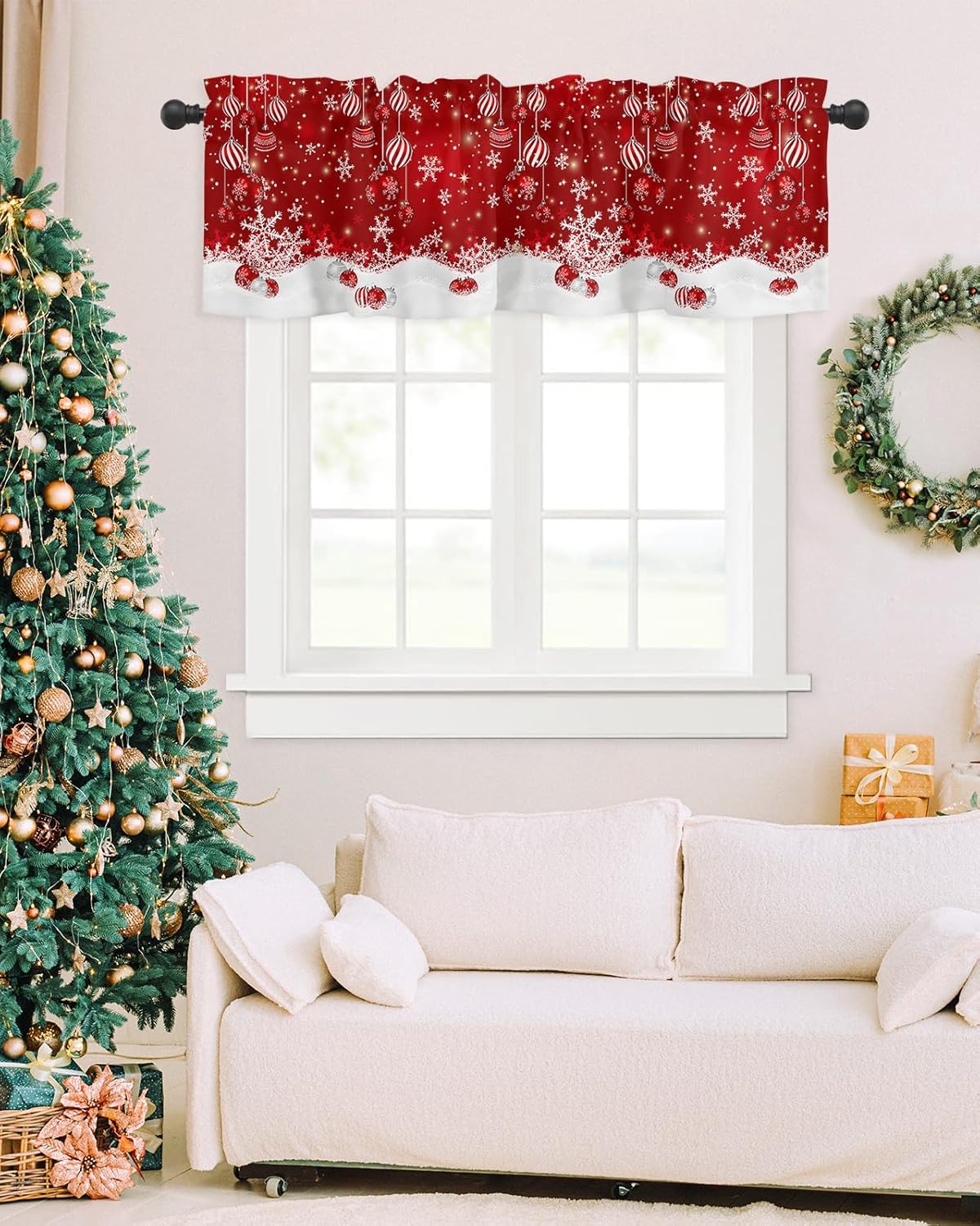 Christmas Window Valance Winter Snowflakes Window Treatment Merry Christmas Ball Ornaments Rod Pocket Curtain Valance,54x18 inch Xmas Snowflake Sparkle Red Kitchen Valance for Bathroom Cafe
