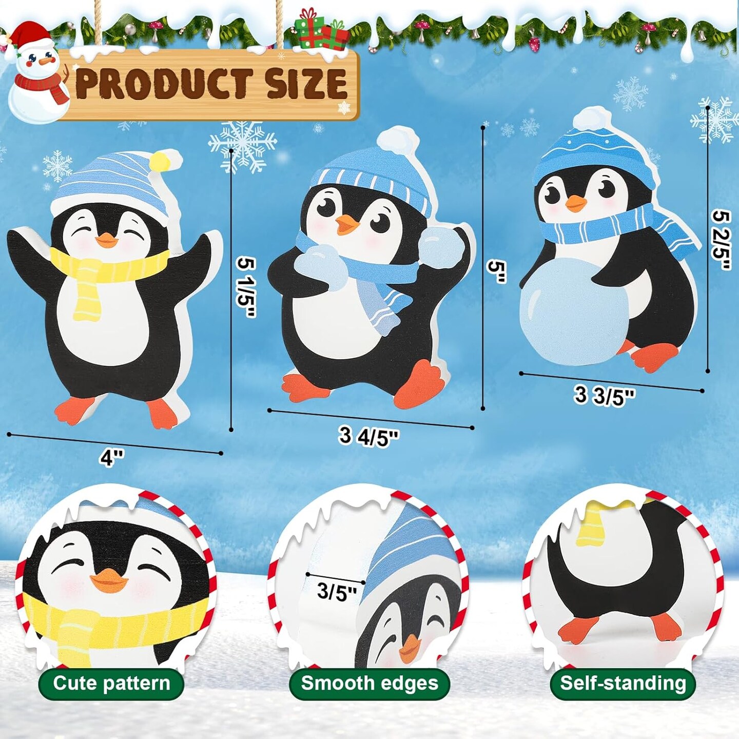 Penguin Christmas Decorations Indoor, Cute Penguins Winter Tiered Tray Decor Set of 3, Wooden Penguin Blocks Xmas Table Decoration for Party Home Office Shelf Door (Light Blue)