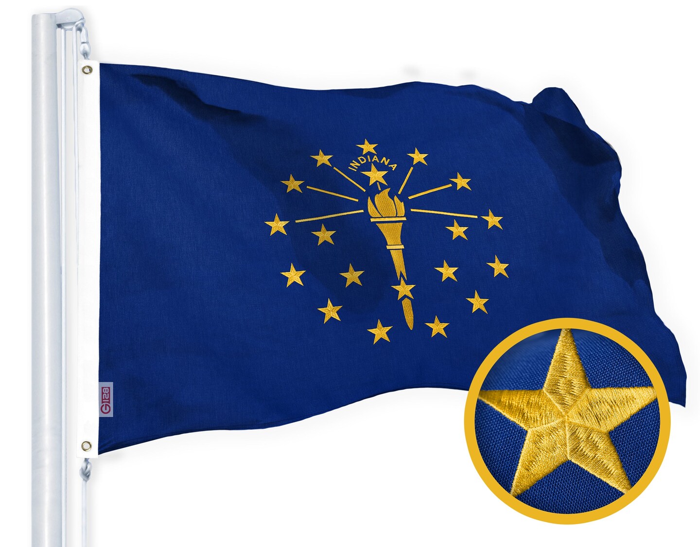 G128 Indiana State Flag | 1x1.5 Ft | StormFlyer Series Embroidered 220GSM Spun Polyester | Embroidered Design, Indoor/Outdoor, Brass Grommets, Heavy Duty, All Weather