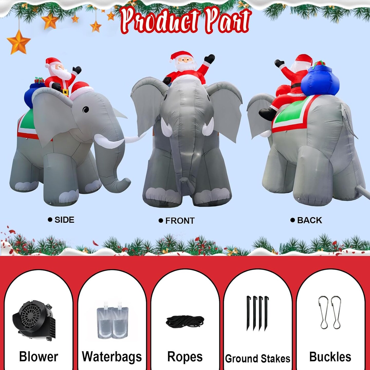 12FT Christmas Inflatables Santa Ride Huge Elephant Decoration, Inflatable Elephant Built-in 7 LED for Christmas Decoration Home Yard Lawn Garden Party Outdoor Indoor Night Xmas Gift