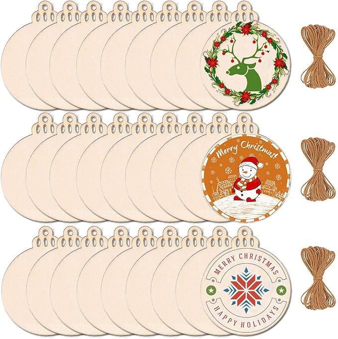 Christmas Ornaments Unfinished Predrilled Wood Slices Circles for Crafts Round Centerpieces Discs Holiday Hanging Decorations