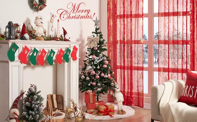 Christmas Sheer Curtains 63 Inch Length for Living Room 2 Panels Set, Rod Pocket Curtains & Drapes Window Treatments for Bedroom, Xmas Decorations, Holiday Decor, Red
