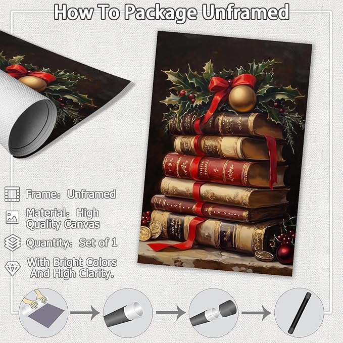 Rustic Christmas Wall Art Book Art Still Life Poster Vintage Christmas Decor Winter Posters Xmas Canvas Prints Painting Dark Academia Decor Holiday Home Dorm Living Room Decoration 8x12inch Unframed