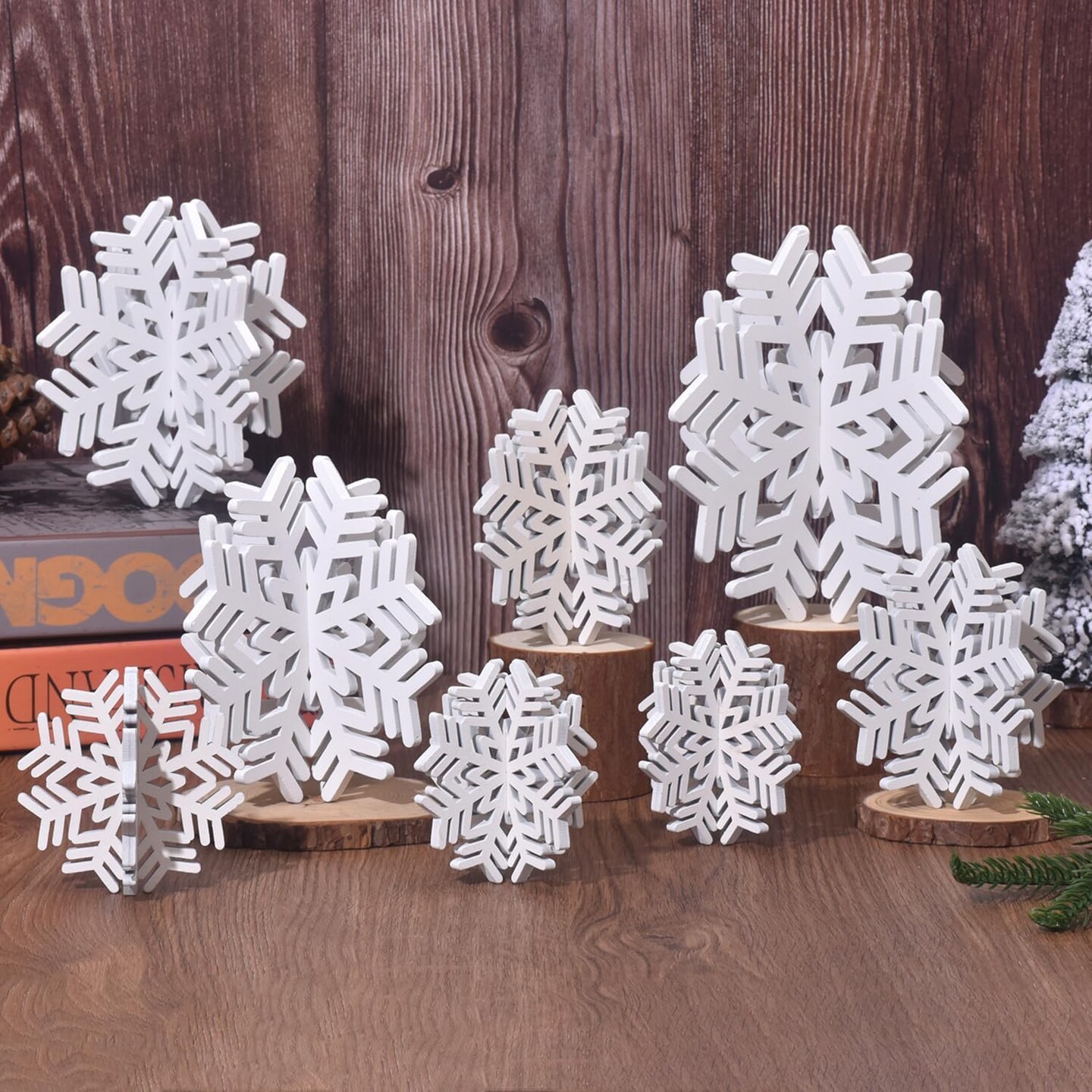 8 Set 3D Snowflake Christmas Table Decorations, Wooden White Winter Snowflake Christmas Decor Tabletop Centerpiece Signs for Xmas Festival Home Party Decoration (8 Sets)