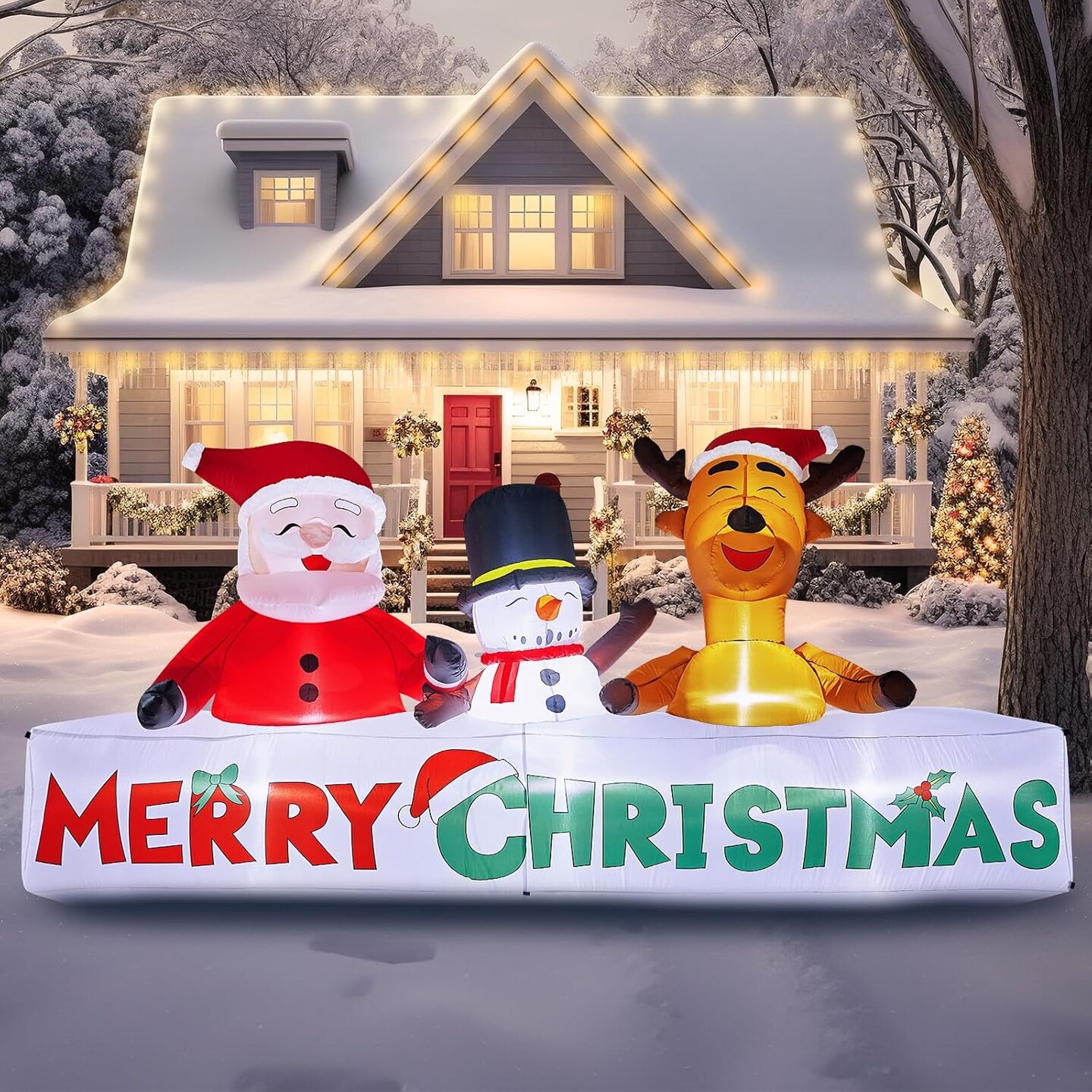 10 FT Christmas Inflatable Merry Christmas Sign with Santa, Reindeer &#x26; Snowman, Christmas Inflatable Decoration with Build-in LEDs for Xmas Party Outdoor Yard Garden Lawn Winter Decor