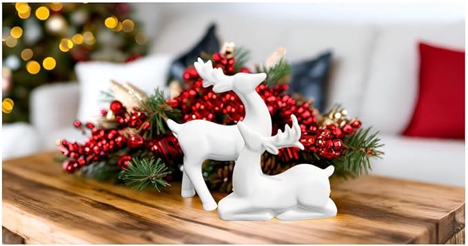 Pack 2 Mini Animal Reindeer Decor Deer Statues Sculpture Tabletop Ornaments for Cabinet Mantel Shelves Fireplace Home Décor Accents Collectible Figurines