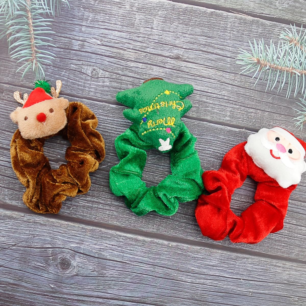 3PCS Christmas Hair Scrunchies Silk Christmas Hair Ties Elastic with Christmas tree Santa Claus Elk Soft Elastic Hair Bands Red Green Brown Checkered Hair Ties Xmas Ponytail Holders for Women Girls