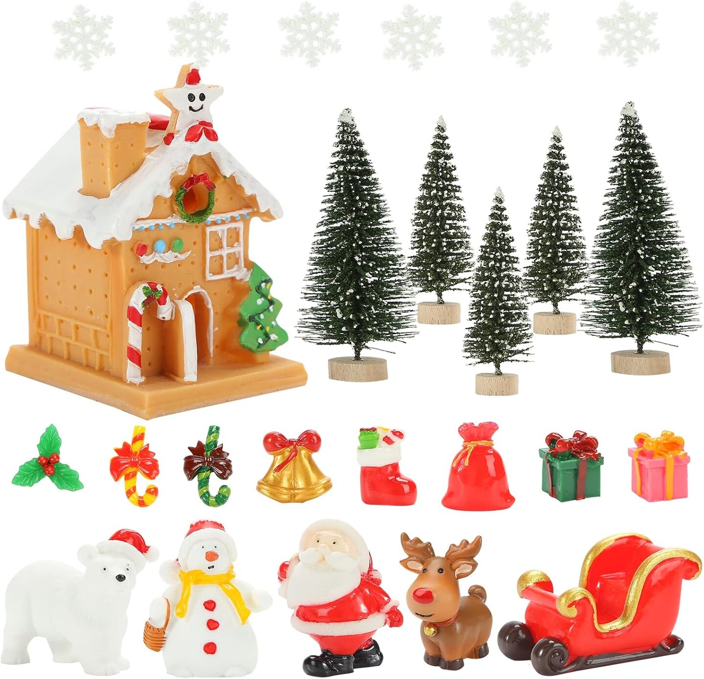 Christmas Miniature Figurines for Crafts, 25 PCS Christmas Miniature Ornaments Kit Snowman Christmas Fairy Resin Ornaments Pine Tree for Christmas Garden