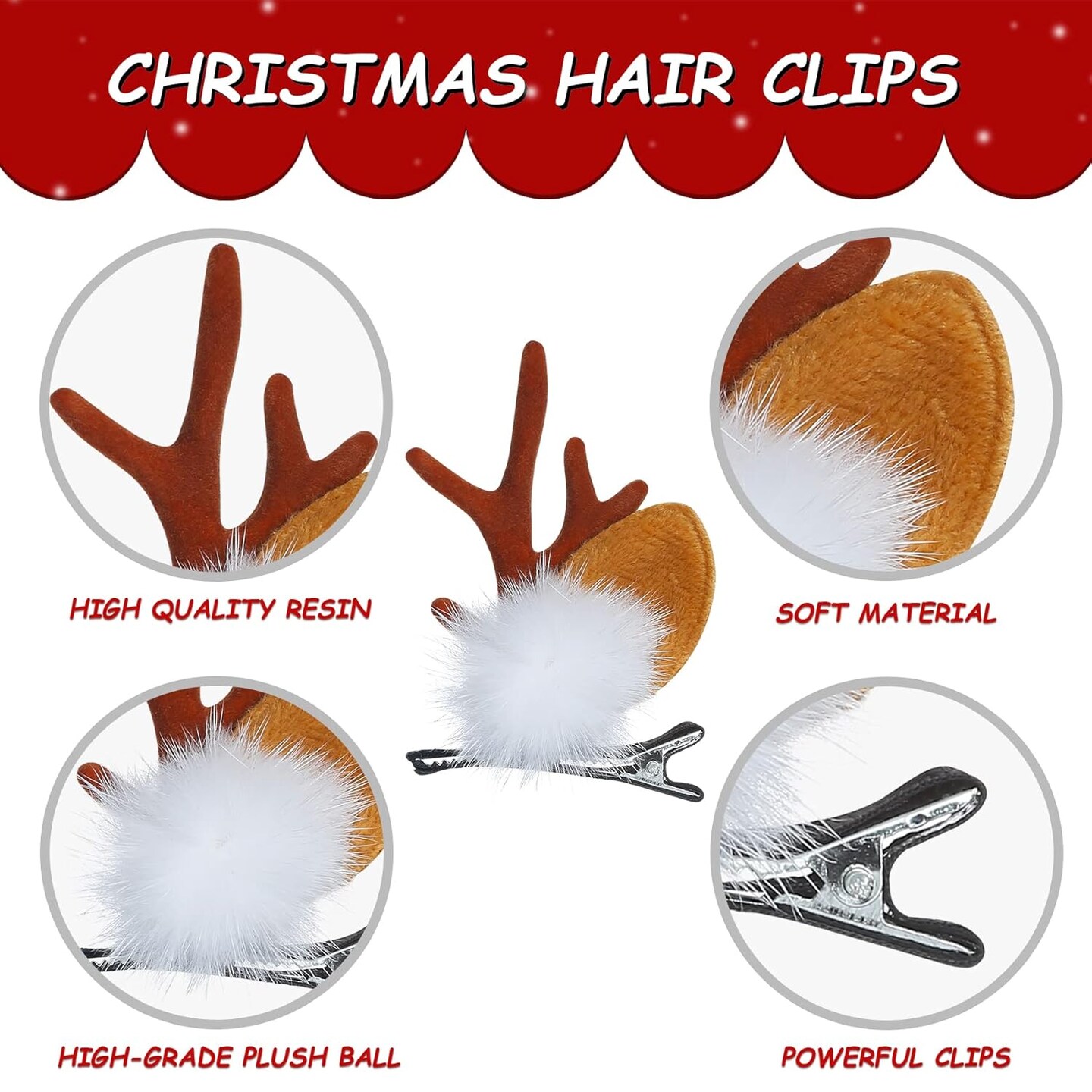 Christmas Hair Clip, 2 Pairs Cute Reindeer Antlers Ears Hair Accessory with Plush Ball, Christmas Hair Pins for Women Girls Kids and Party Favors