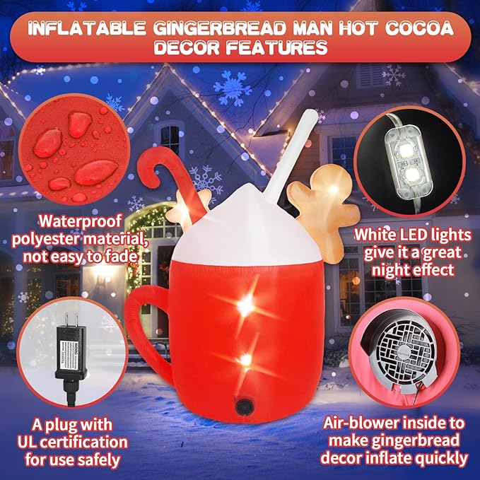 Gingerbread Inflatable Christmas Decorations Outdoor 6ft Cute Giant Blow Up Gingerbread Man Inflatables Hot Cocoa Mug Candy Yard Decor Led Light Xmas Blowups for Holiday Vacation Outside Lawn