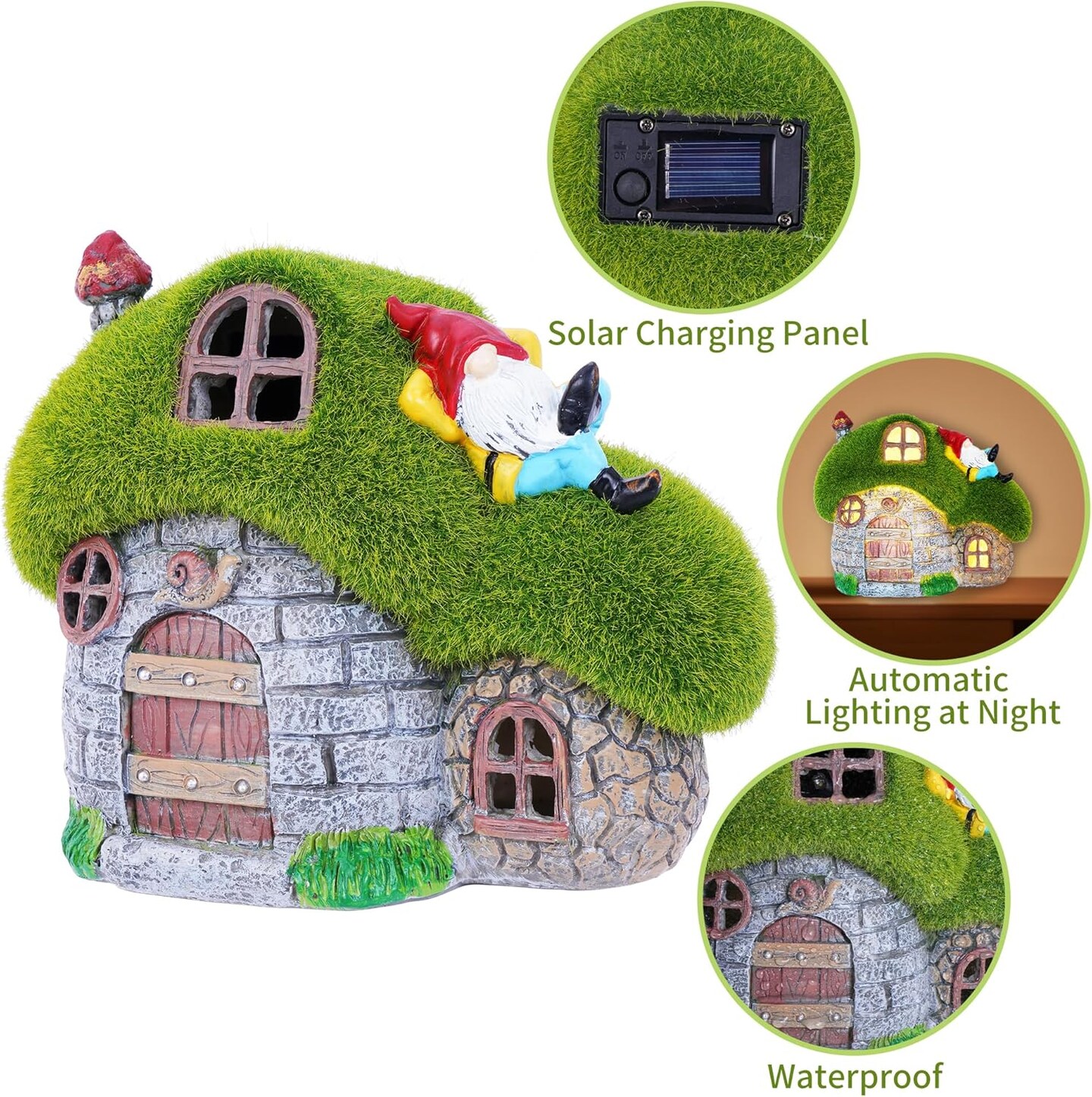 House Garden Statues with Solar Lights, LED Cute Flocked Fairy House with Gnomes Garden Figurine, Outdoor Patio Yard Lawn Decorations Gift