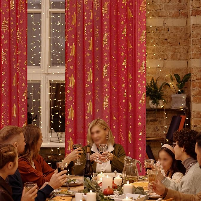 Christmas Sheer Curtains 63 Inch Length for Living Room 2 Panels Set, Rod Pocket Curtains & Drapes Window Treatments for Bedroom, Xmas Decorations, Holiday Decor, Red
