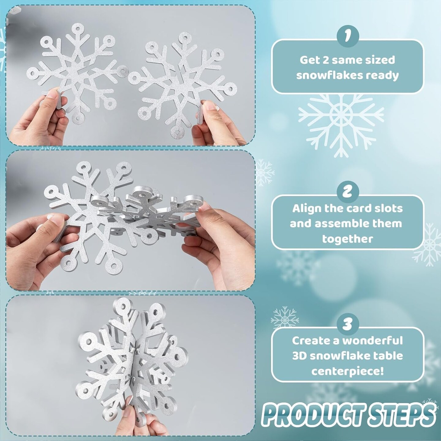 Winter Christmas Centerpiece Table Decorations - 12pcs Wooden Snowflakes Decor 3D Silver White Snowflake Tabletop Decor for Xmas Holiday Tiered Tray Winter Farmhouse Decor