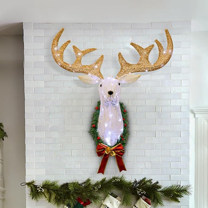 28 Inch Lighted Christmas Wall Decor Reindeer Head - Pre-Lit 3D Rudolph Hanging Wreath with Battery Operated LED Lights, 8 Lighting Modes for Indoor/Outdoor Festive Xmas Holiday Decoration