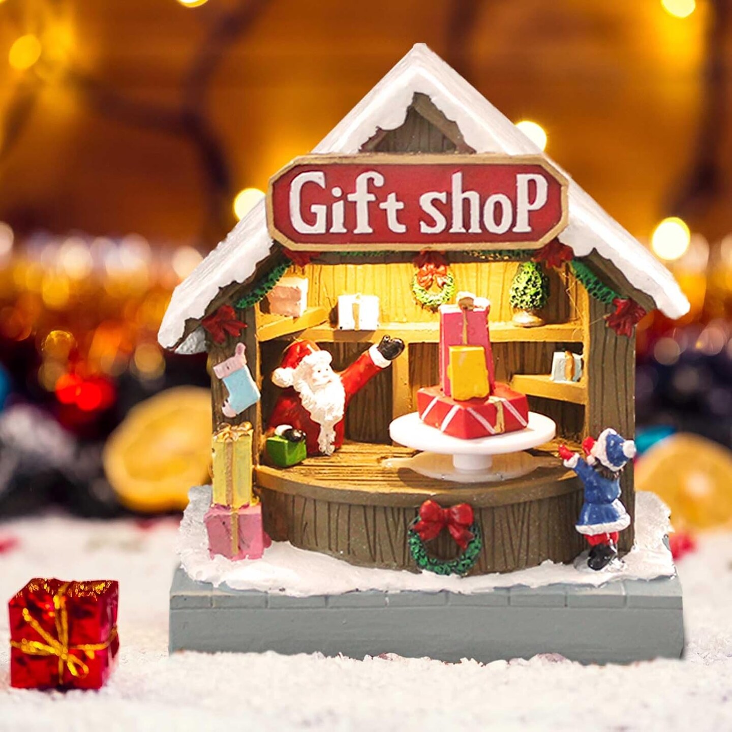 Animated Christmas Village Street Gift Shop with LED Light &#x26; Music, Resin Figurines Cute Santa Claus for Festive Decorations