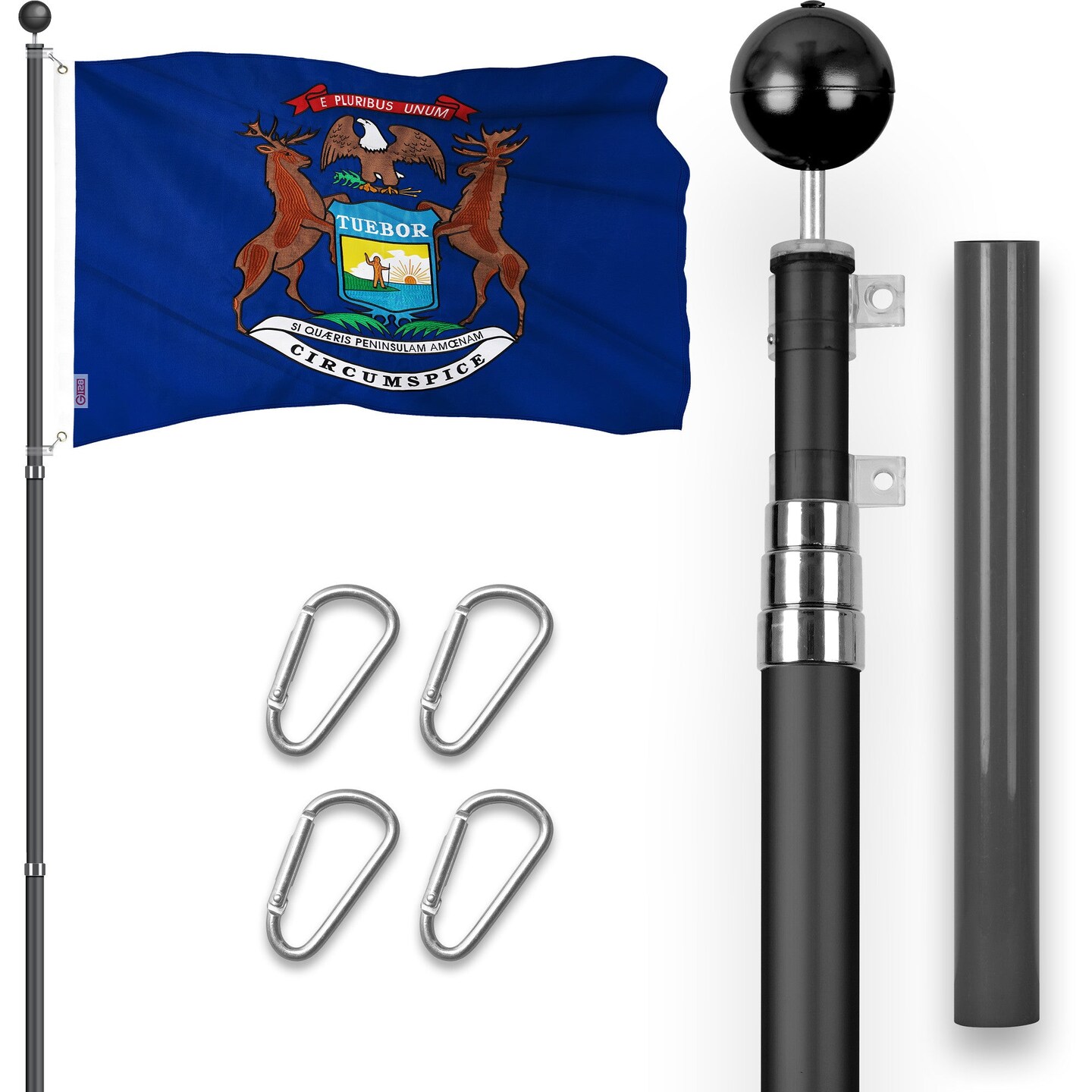 G128 Combo Pack: 16 Ft Telescoping Aluminum Flagpole (Black) &#x26; Michigan MI State Flag 3x5 Ft, ToughWeave Series Embroidered 300D Polyester | Pole with Flag Included