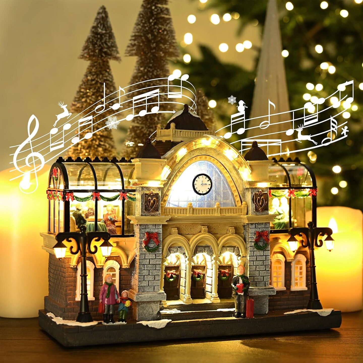 Christmas Village Decorations, 2 Levels Union Station with Lights, Battery Operated Xmas Figurine Musical House Snow Scenes for Holiday Indoor Home Gift Decorations, 12.8 Inch