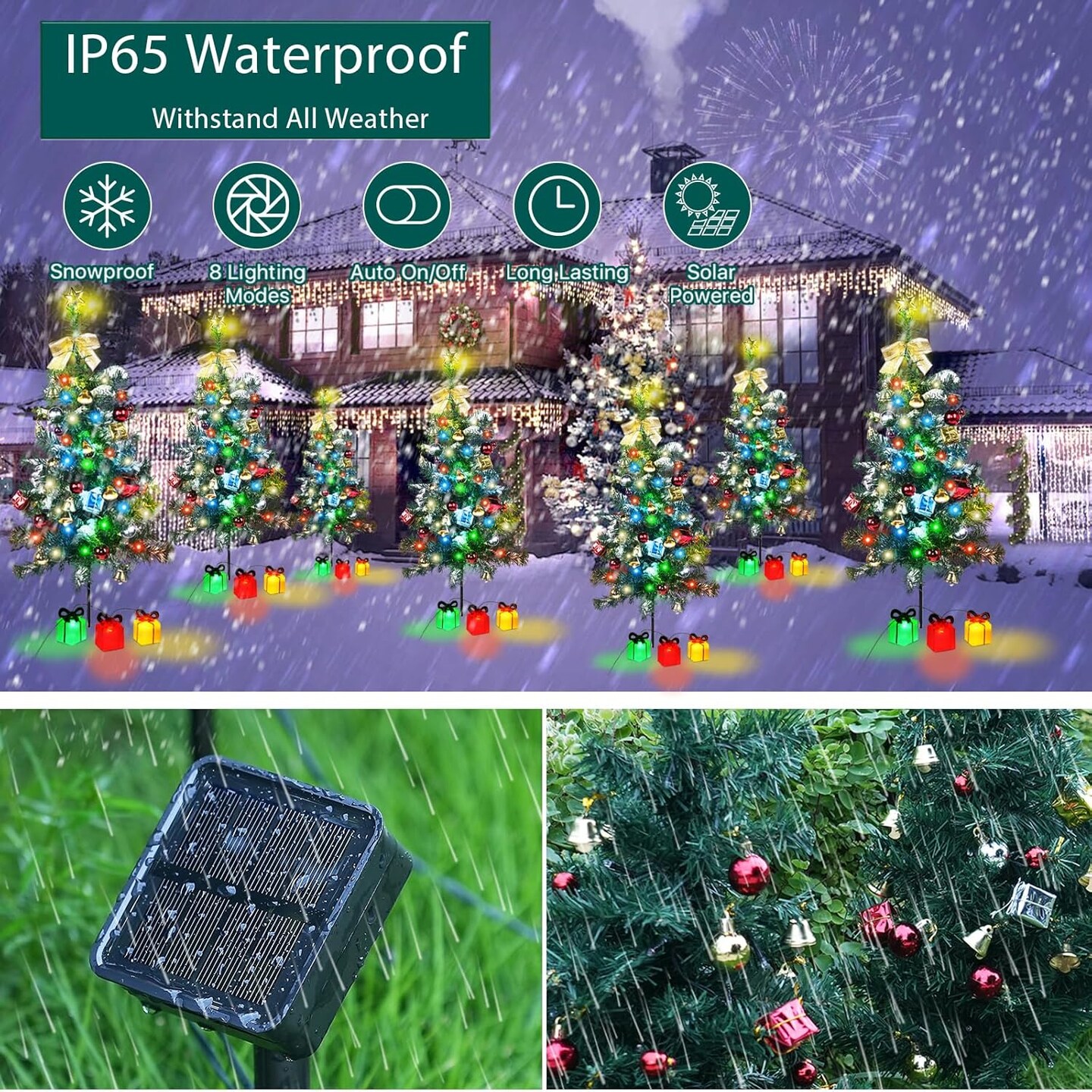 Solar Christmas Tree Lights Outside Decorations 31 in,8 Modes Christmas Lights Outdoor Waterproof with 23 Xmas Accessories &#x26; 3 Box Lights for Garden Pathway Cemetery Decor,2Pack