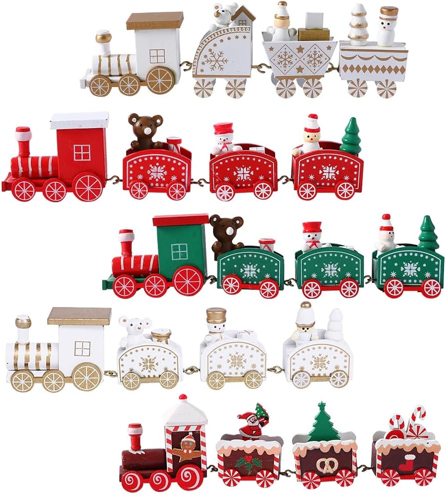 5Pcs Wooden Train Christmas Ornament Decorations with Gingerbread Snowman Christmas Tree Figurine Mini Train Decor for Merry Christmas Home Table Xmas Gifts Noel 2024 Happy New Year Decortion