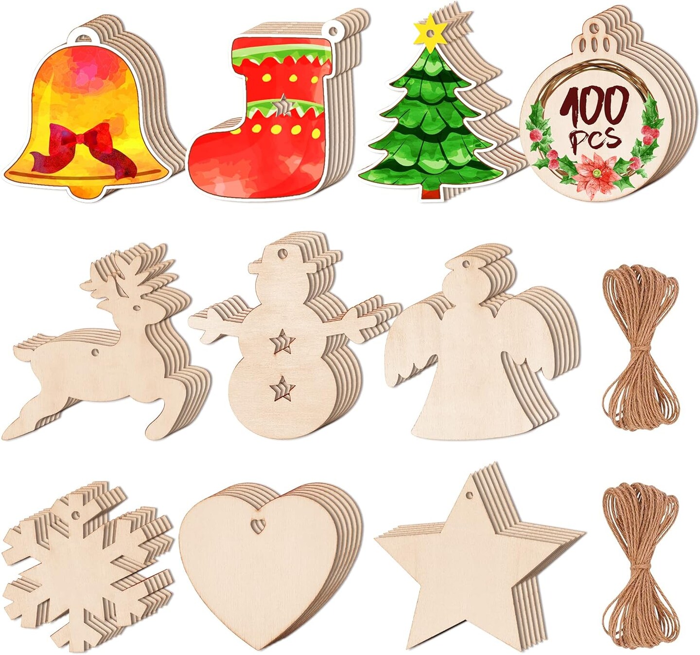 100PCS DIY Wooden Christmas Ornaments Unfinished Predrilled Wood Circles for Crafts Centerpieces Holiday Hanging Decorations in 10 Shapes