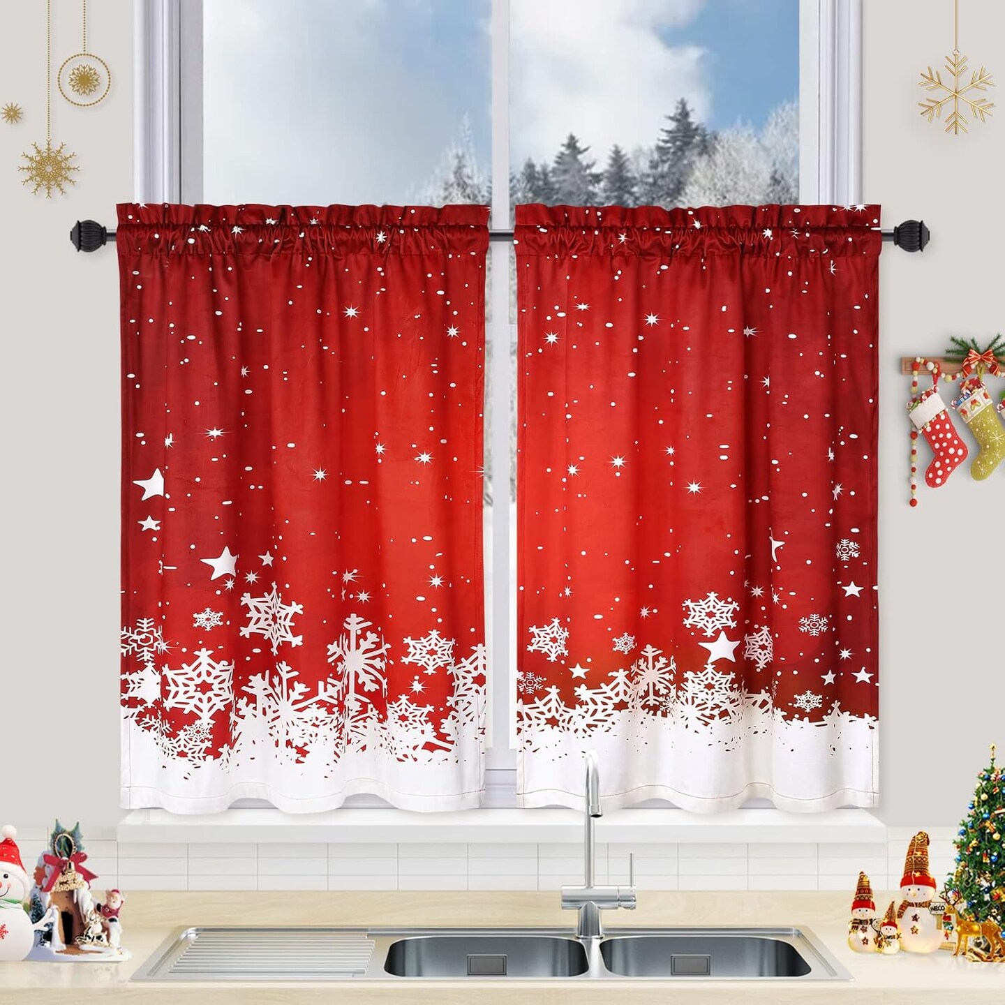 Red Kitchen Christmas Curtains, Velvet Curtain Set for Kitchen Windows, Floral Snowflake Decoration Cafe Curtains, Thermal Insulated Room Darkening Short Curtain (26" W x 36" L, Set of 2