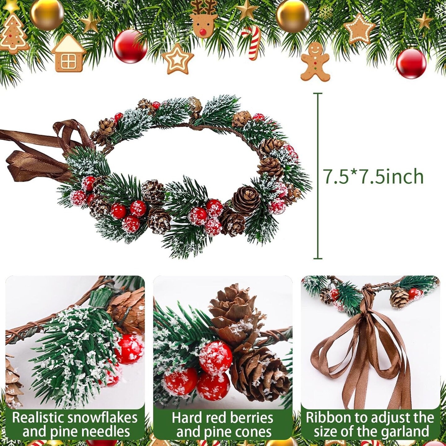 Floral Headpiece Hairband - Christmas Red Berry Stems Spray with Pine Cone Holly Stem - Wreath Headband for Women Girl - Holiday Decoration