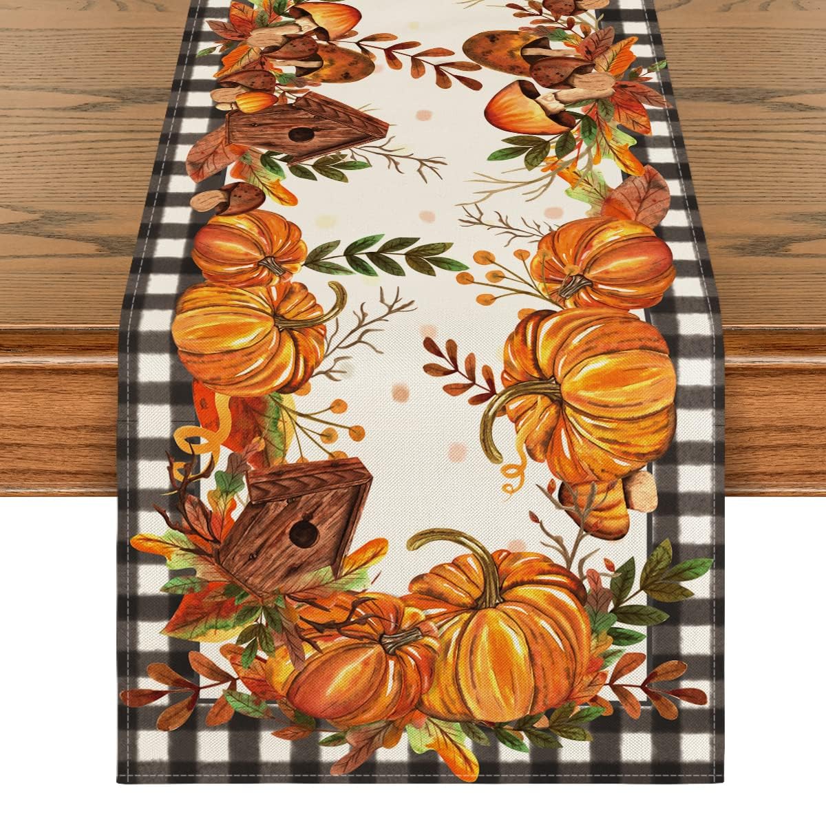 Buffalo Plaid Pumpkins Mushrooms Birdhouse Leaves Table Runner, Seasonal Fall Harvest Vintage Kitchen Dining Table Decoration for Indoor Outdoor Home Party Decor 13 x 72 Inch
