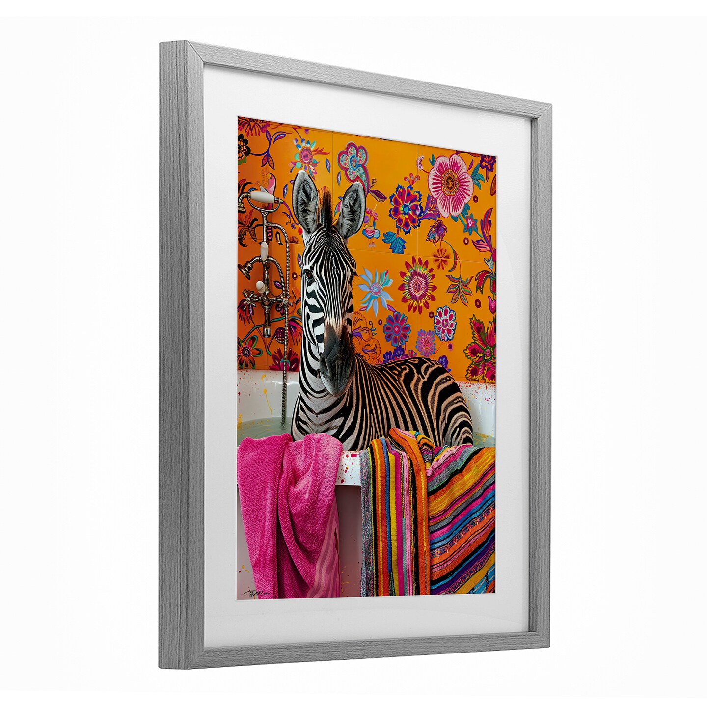 Stupell Industries Zebra Bath with Colorful Towel Framed Print Under Glass, design by Momart