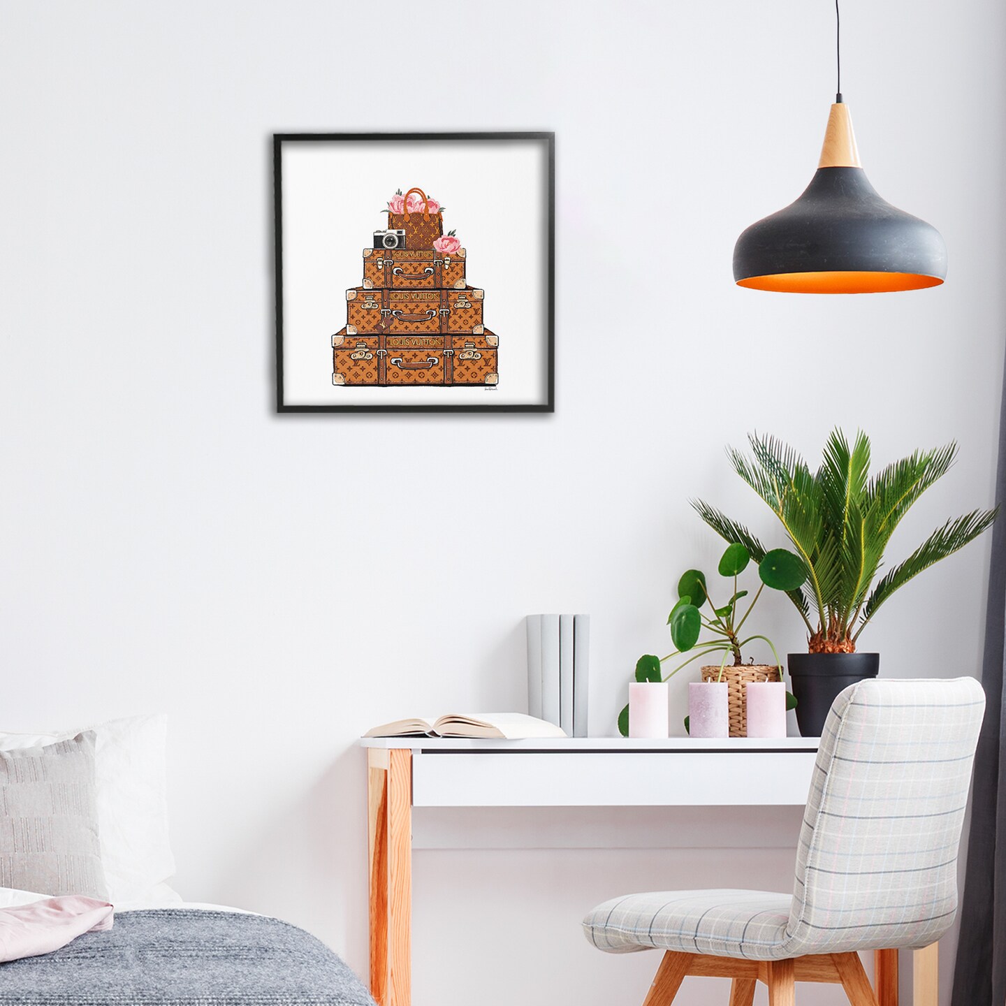 Stupell Industries Stacked Luggage with Floral Handbag Framed Giclee, design by Amanda Greenwood