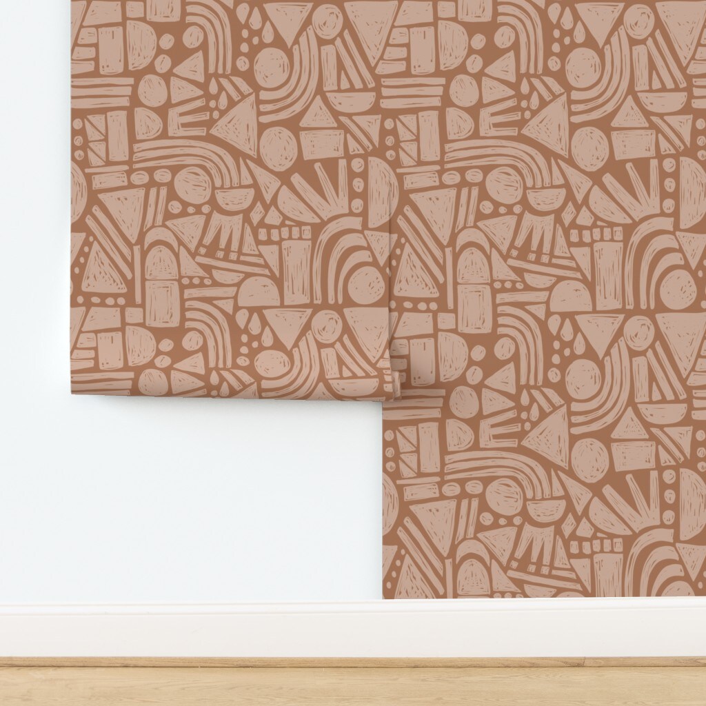 Abstract Geometric Shapes Modern Hand Drawn Neutral Block Print Playful Dots Lines Teardrop Rustic Brown Monochrome Boho Eclectic Stripes Custom Pre-pasted Wallpaper by Spoonflower Pre-Pasted Wallpaper 2FT Wide
