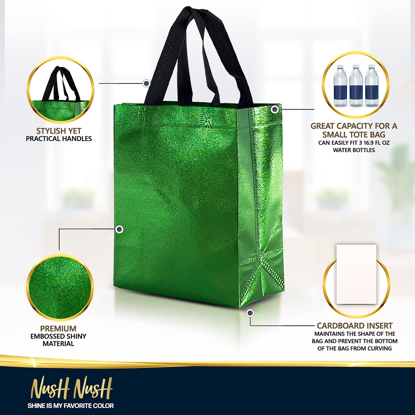 Nush Nush Christmas Gift Bags Medium Size - Set of 12 Reusable Christmas Bags for Gifts (4 Each of Red, Green and Gold Colors) - Perfect for Holiday Gifts, Presents, Party Favor, Thanksgiving - 8x4x10