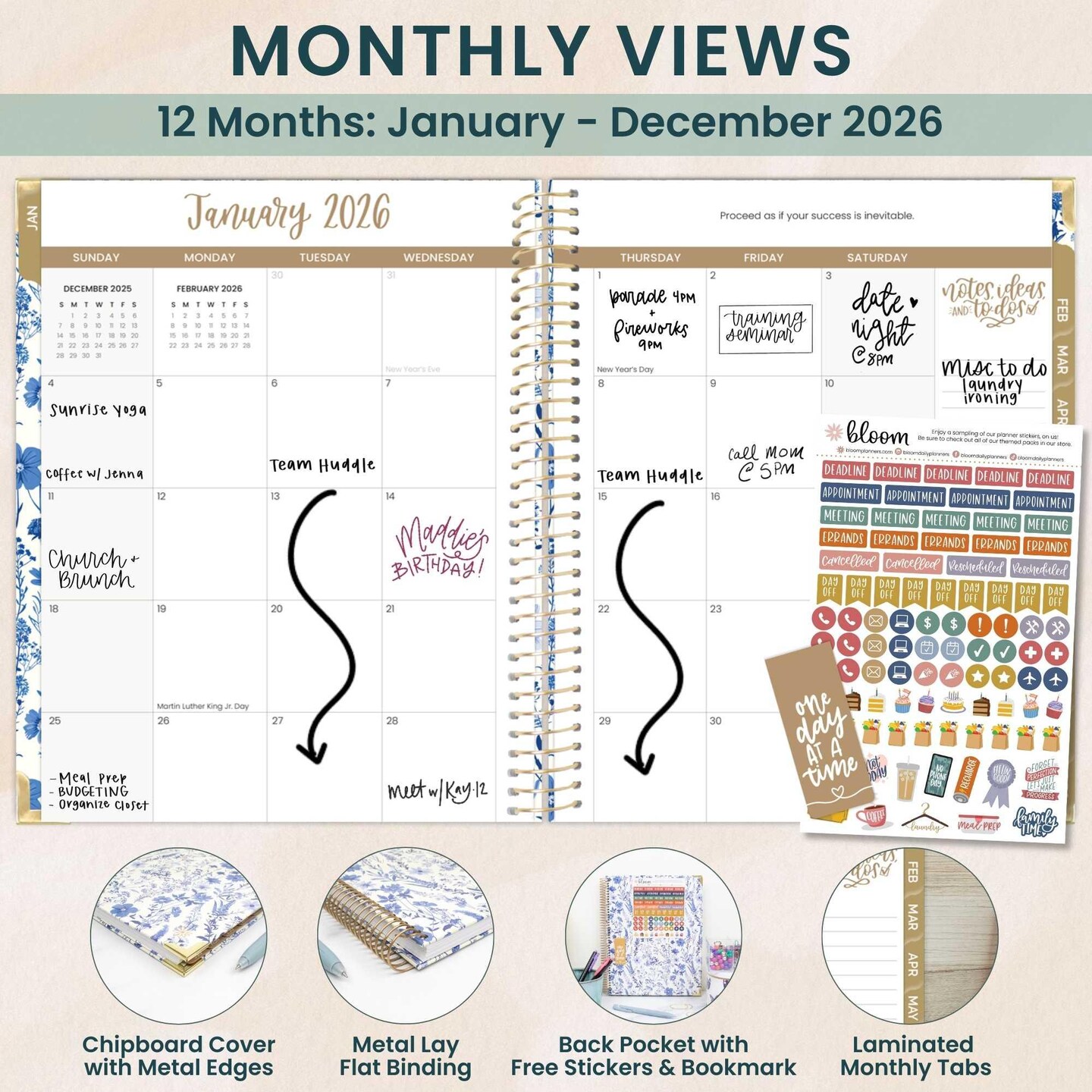 bloom daily planners 2026 Hard Cover Weekly & Monthly Planner, 8.5" x 11", Blue & White Floral