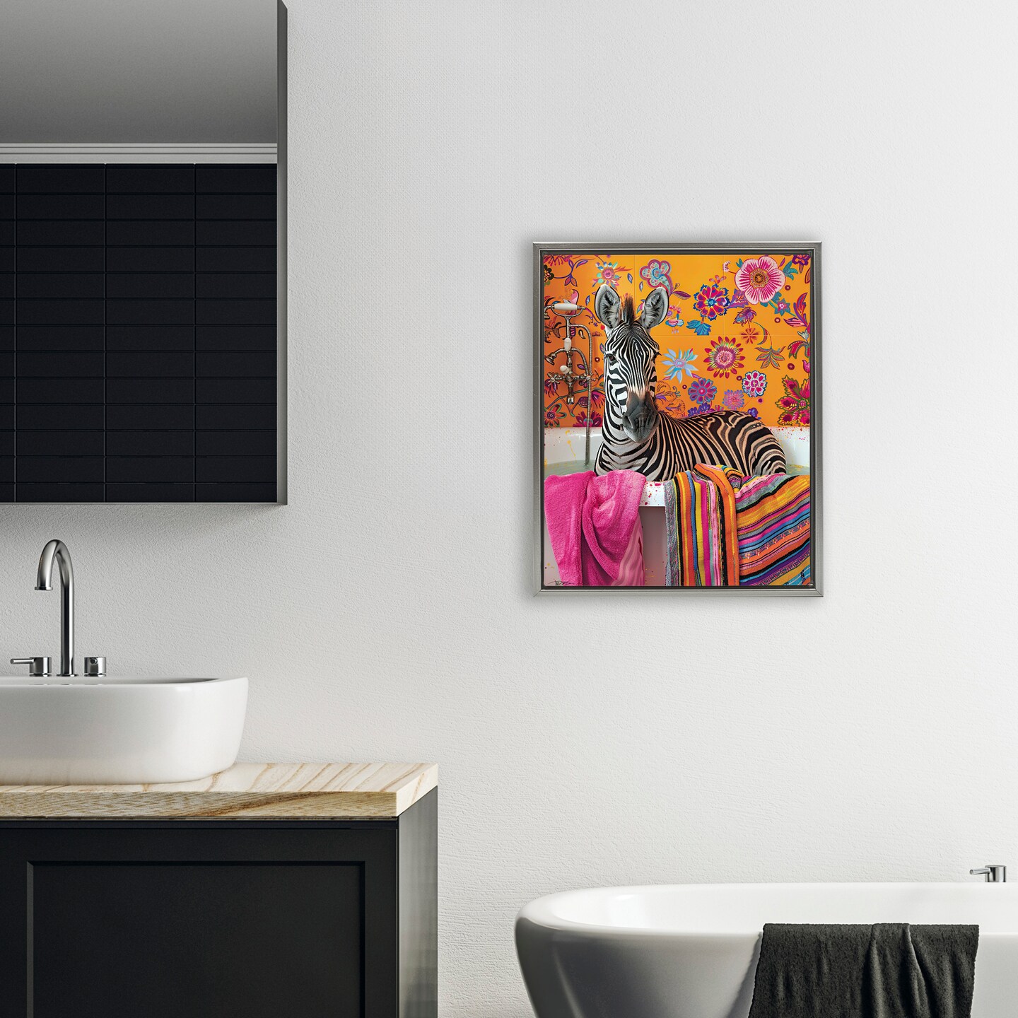 Stupell Industries Zebra Bath with Colorful Towel Floating Frame, design by Momart