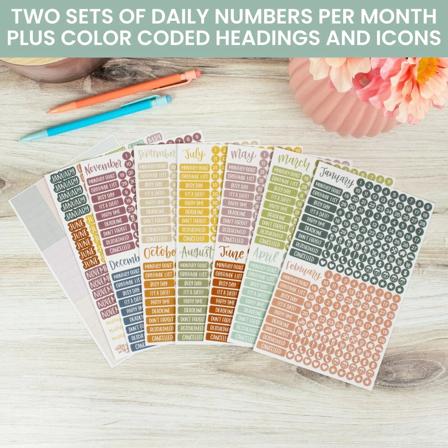 bloom daily planners Planner Stickers, Calendar Essentials Pack, Retro Rainbow