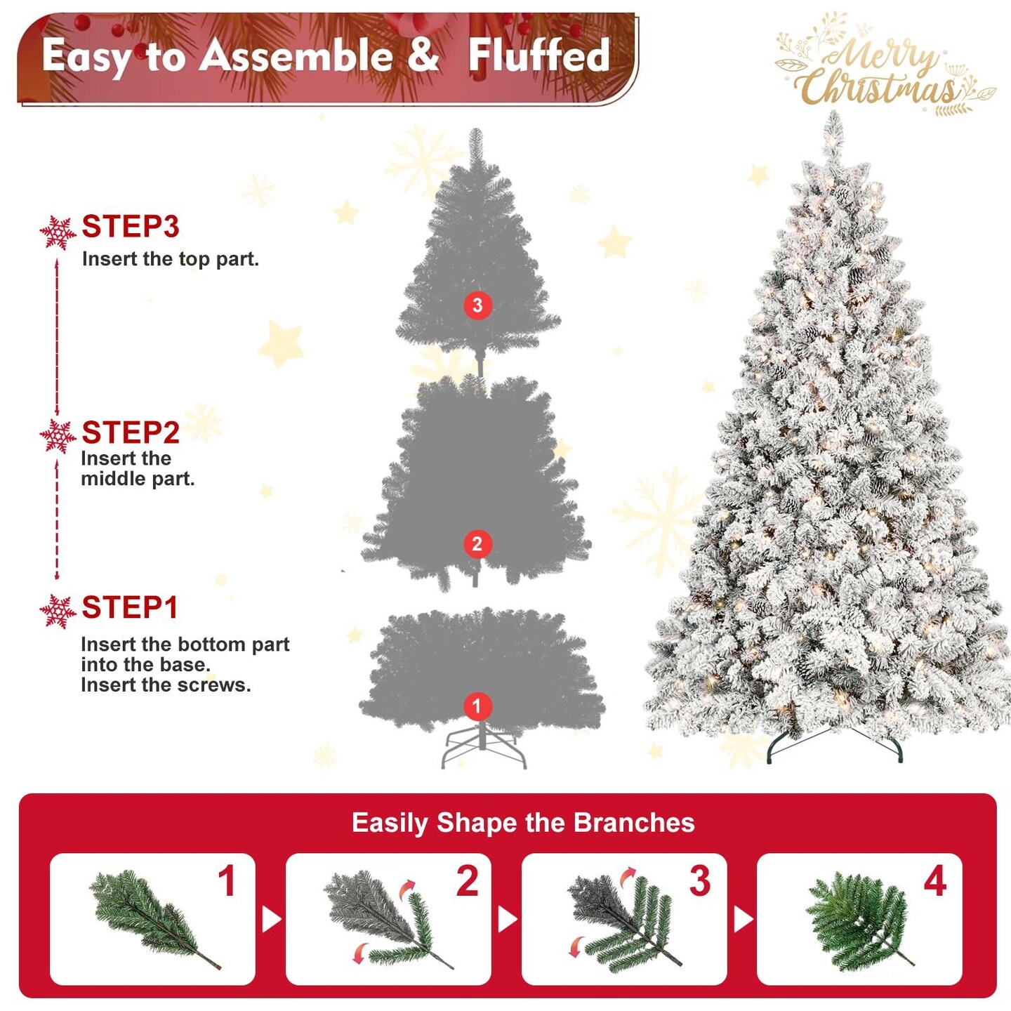 Edge Collections - 7.5' - White - Lush Pre-lit Flocked Christmas Tree with Pine Cones - 1 Piece