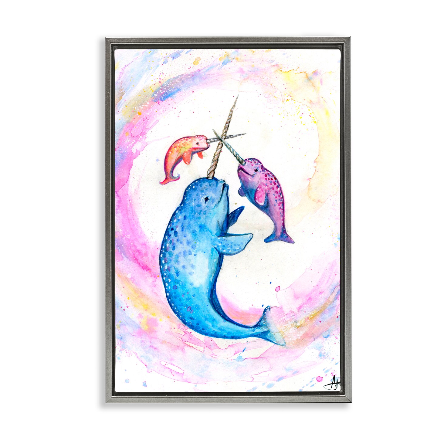 Stupell Industries Three Narwhals in Pastels Floating Frame, design by Marc Allante