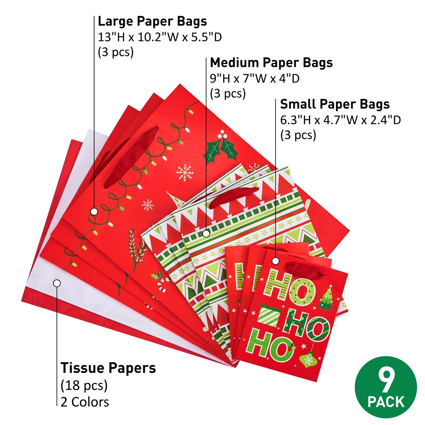 Christmas Gift Bags Assorted Sizes with Tissue Paper, 9 Pack, Red Holiday Theme Bags, Large 13x10.2, Medium 9x7, Small 6.3x4.7 inches