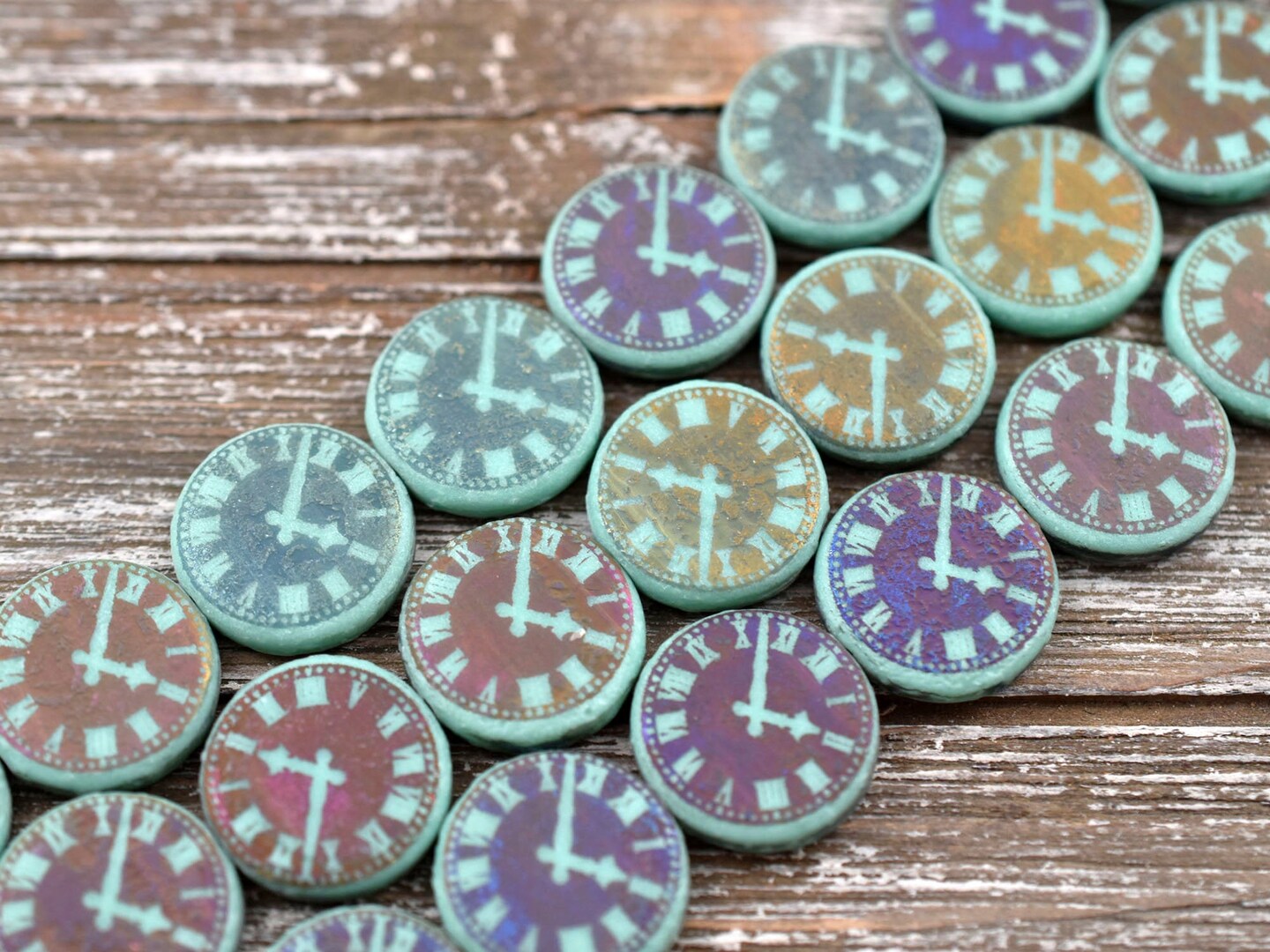 *8* 14mm Laser Etched Opaque Turquoise Sliperit Clock Coin Beads