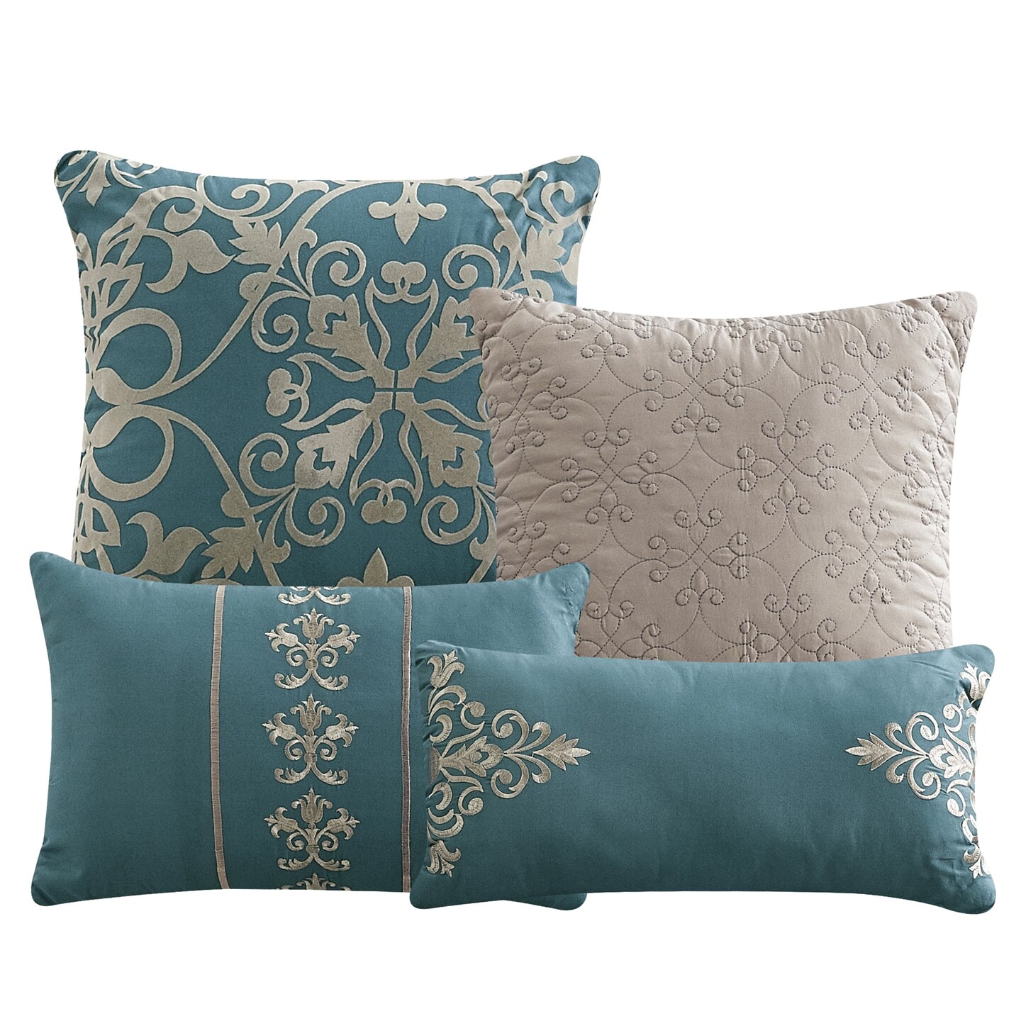 7 Piece Blue Queen Comforter Set with Damask Pattern