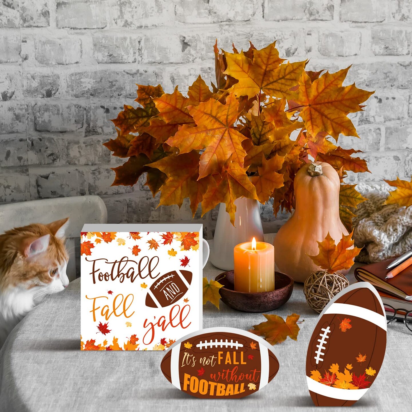 3 Pieces Fall Decor Football Decor Thanksgiving Fall Tiered Tray Decor Orange Maple Wooden Table Centerpieces Farmhouse Rustic Decor Decorative Table Decorations for Autumn Harvest Table Shelf (Classic)