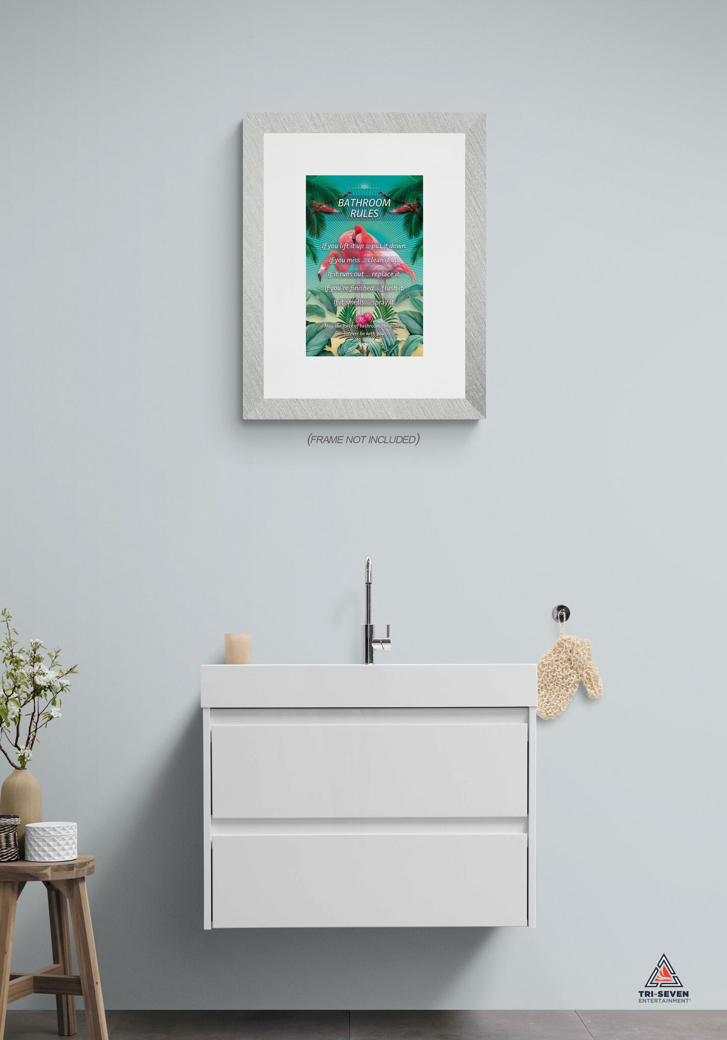 Bathroom Rules Poster Pink Flamingos Wall Decor Art Print, 11&#x22;x17&#x22;, Unframed