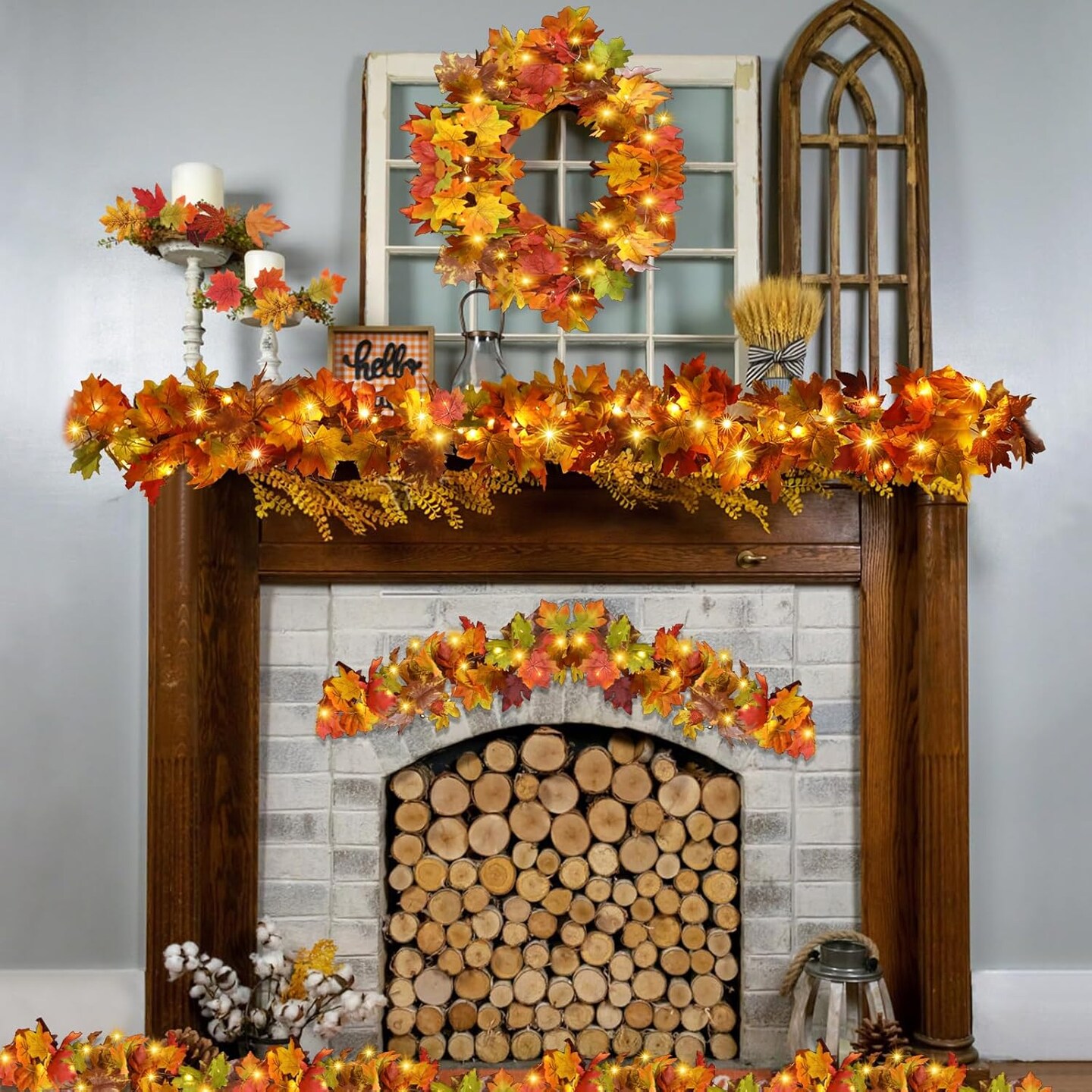 Fall Leaves Decor Garland Lights 20Ft 40 LED Artificial Fall Leaves Autumn Garland Halloween Decorations Indoor Outdoor Fall Decor for Thanksgiving Autumn Harvest Party