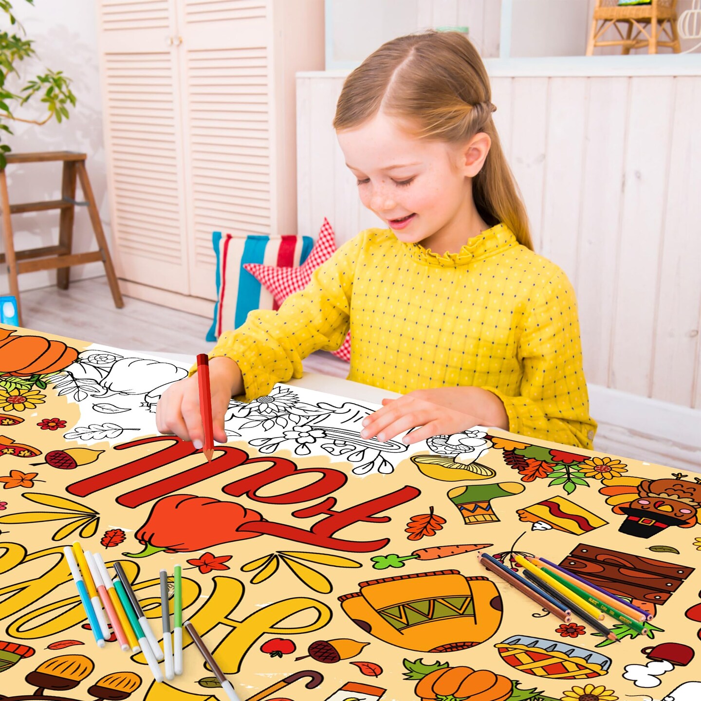 Fall Giant Coloring Poster/Tablecloth - Fall Decorations for Home - 30 x 72 Inches Jumbo Coloring Banner Kids Crafts Activities Decor Party Decorations