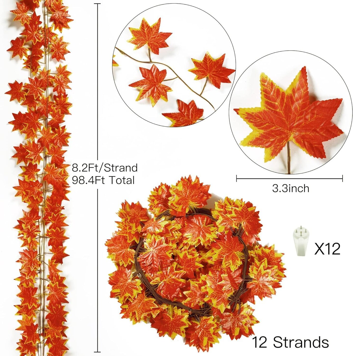 12 Pack 92Ft Fall Leaf Garland Artificial Maple Leaves Garland Silk Autumn Hanging Vines Red Ivy Garland for Thanksgiving Home Wedding Party Garden Fireplace Porch Decor